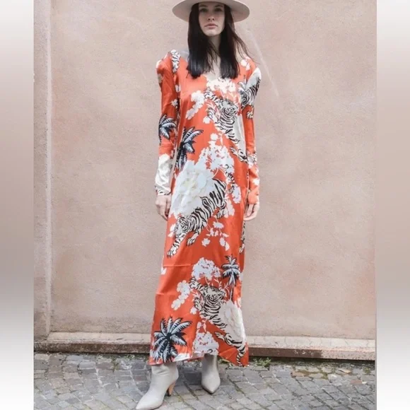 NWT Las Sureñas Tiger Romantic Silk Maxi Dress Size Medium - Picture 4 of 15